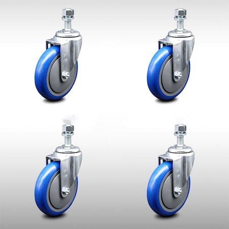 Service Caster 5 Inch SS Blue Polyurethane Wheel Swivel 12mm Threaded Stem Caster Set SCC SCC-SSTS20S514-PPUB-BLUE-M1215-4